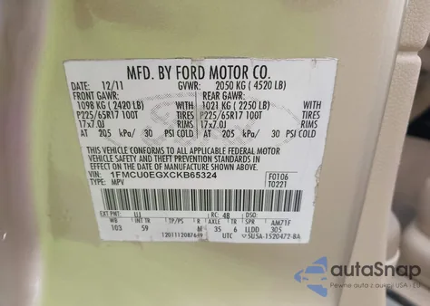 2012 Ford Escape Limited z USA, uszkodzony, nr VIN 1FMCU0EG5CKB75145